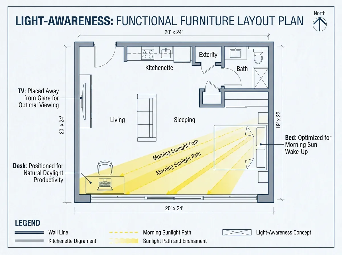 Distribución de muebles con escritorio junto a la ventana y TV colocada para evitar reflejos