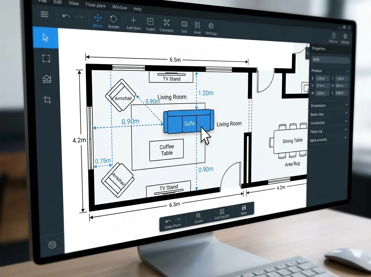 Editor interactivo de distribución de muebles con interfaz de arrastrar y soltar
