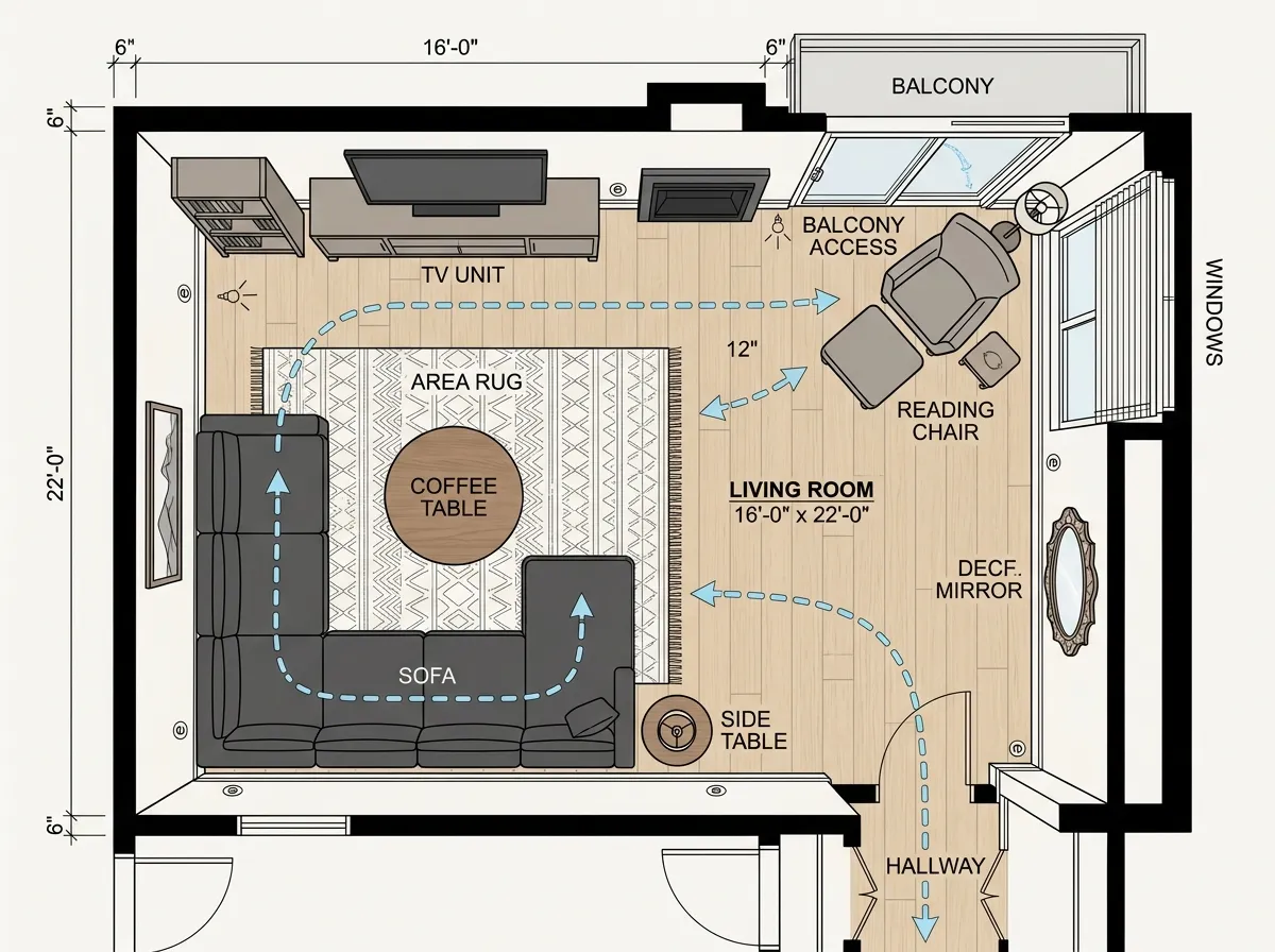 Distribución de muebles de sala de estar por IA con zonas de conversación y ángulos de visión óptimos