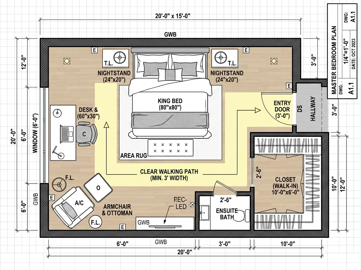 Distribución de muebles por IA para dormitorio principal con cama, escritorio y área de lectura