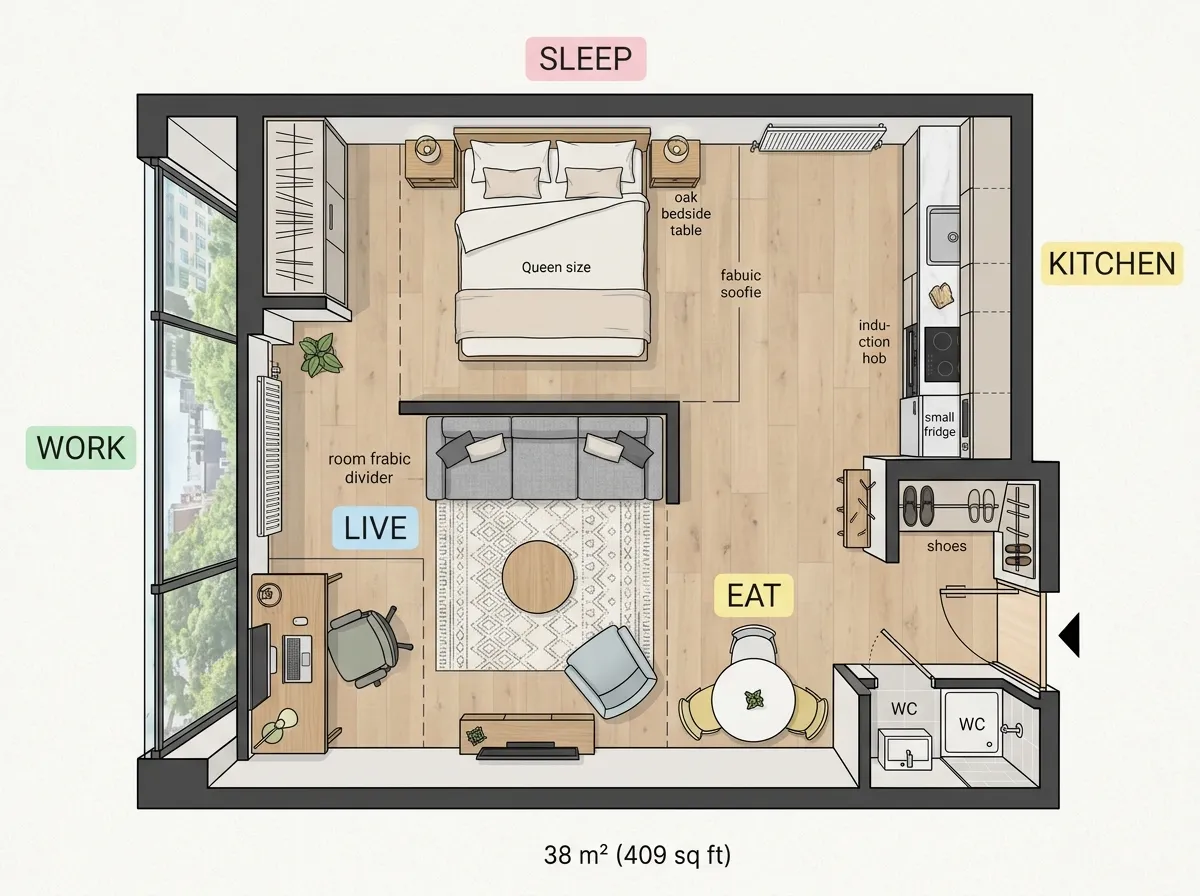 Distribución de muebles de apartamento estudio generada por IA con zonas de estar definidas