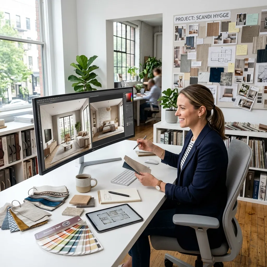 Interior designer presenting AI-generated room designs to a client on a large screen in a studio