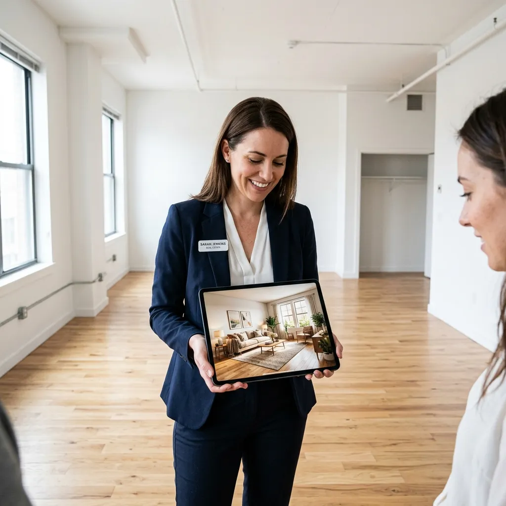 Real estate agent reviewing AI-generated virtual staging designs for an empty apartment listing