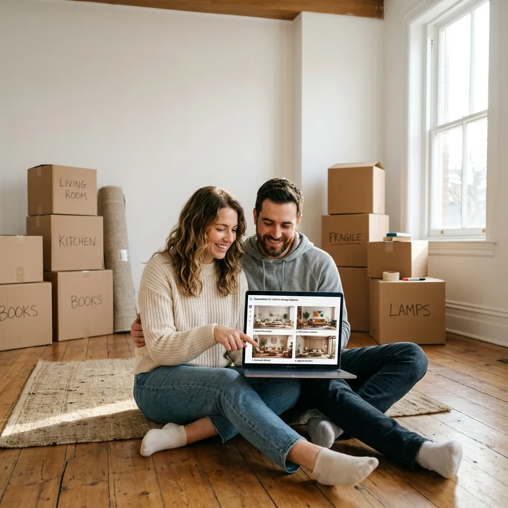 Couple browsing AI-generated interior design options for their home renovation on a tablet
