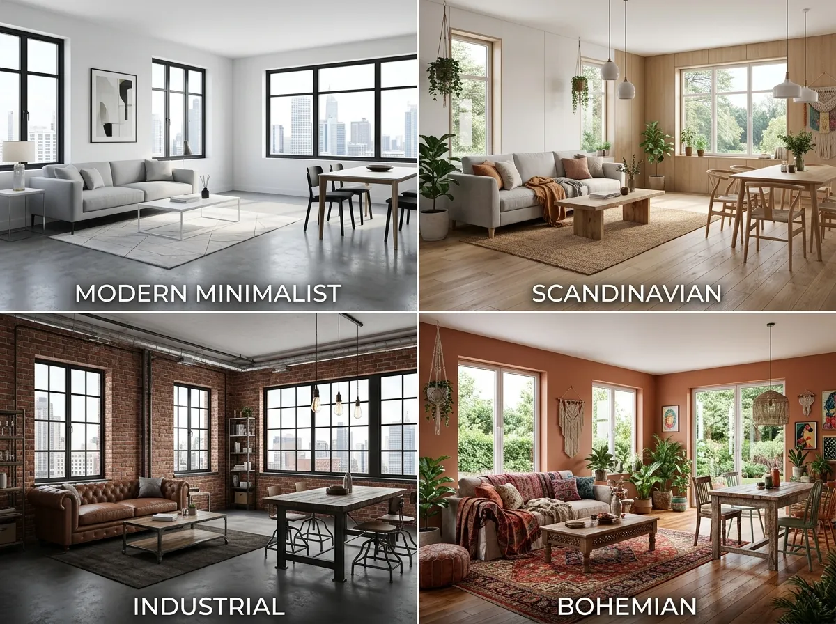 Grid showing the same floor plan room rendered in four different interior design styles by AI