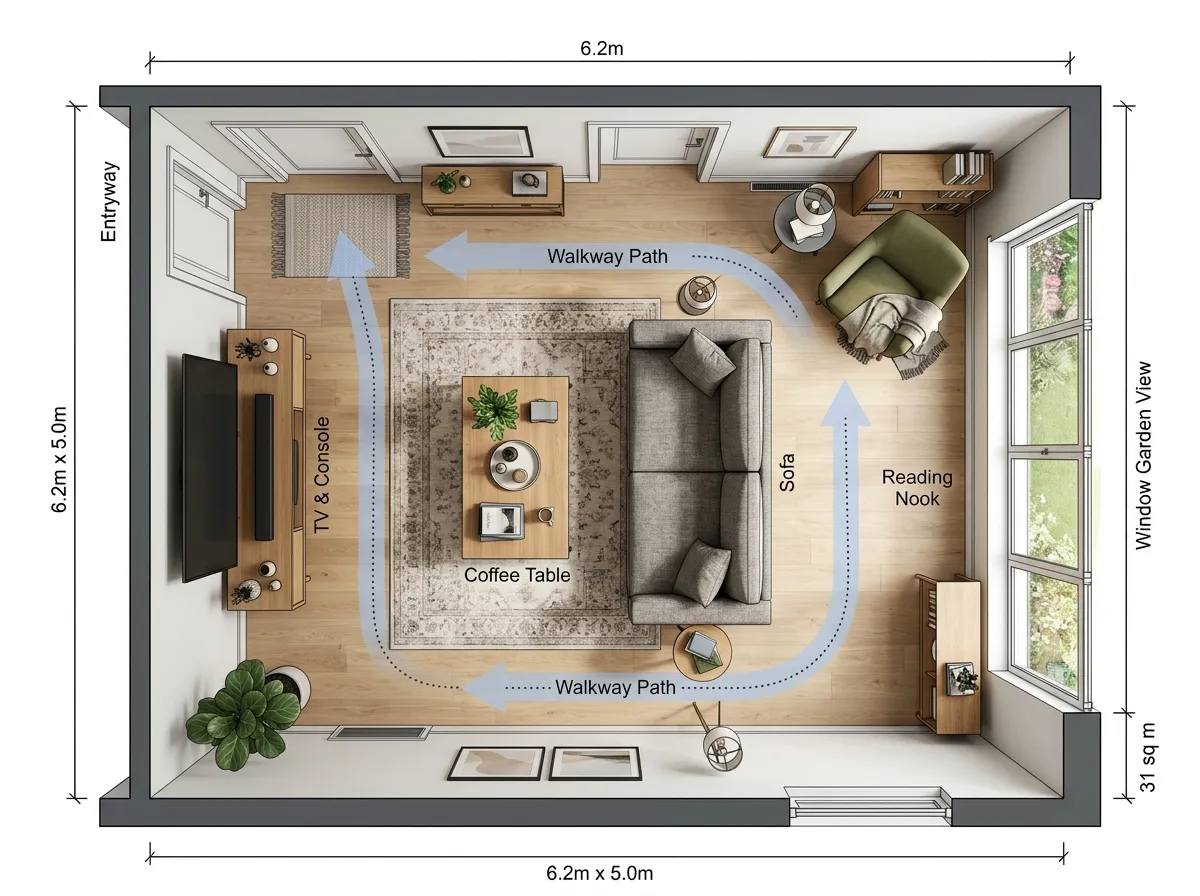 AI-placed furniture in a living room floor plan with traffic flow arrows showing optimal arrangement