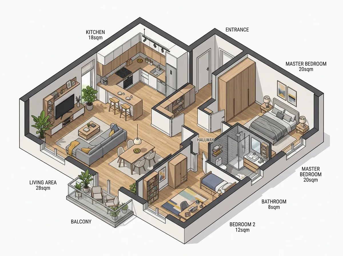 Complete floor plan with all rooms rendered in matching contemporary interior design style