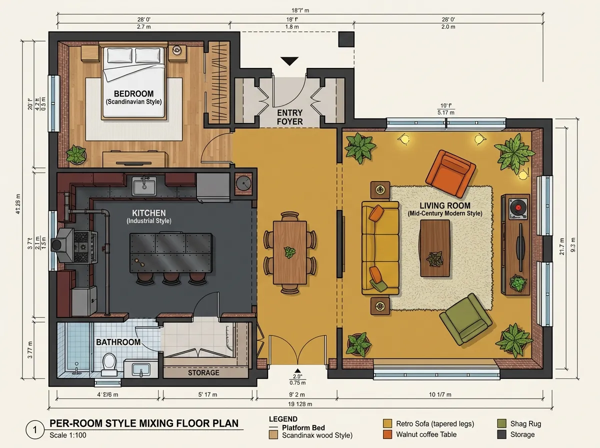 Floor plan with different rooms assigned different interior design styles showing per-room customization