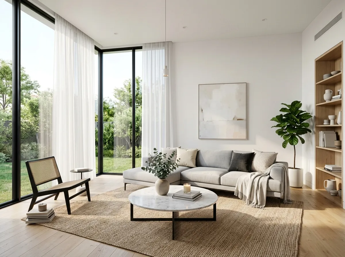 AI-generated modern minimalist living room interior design from a floor plan
