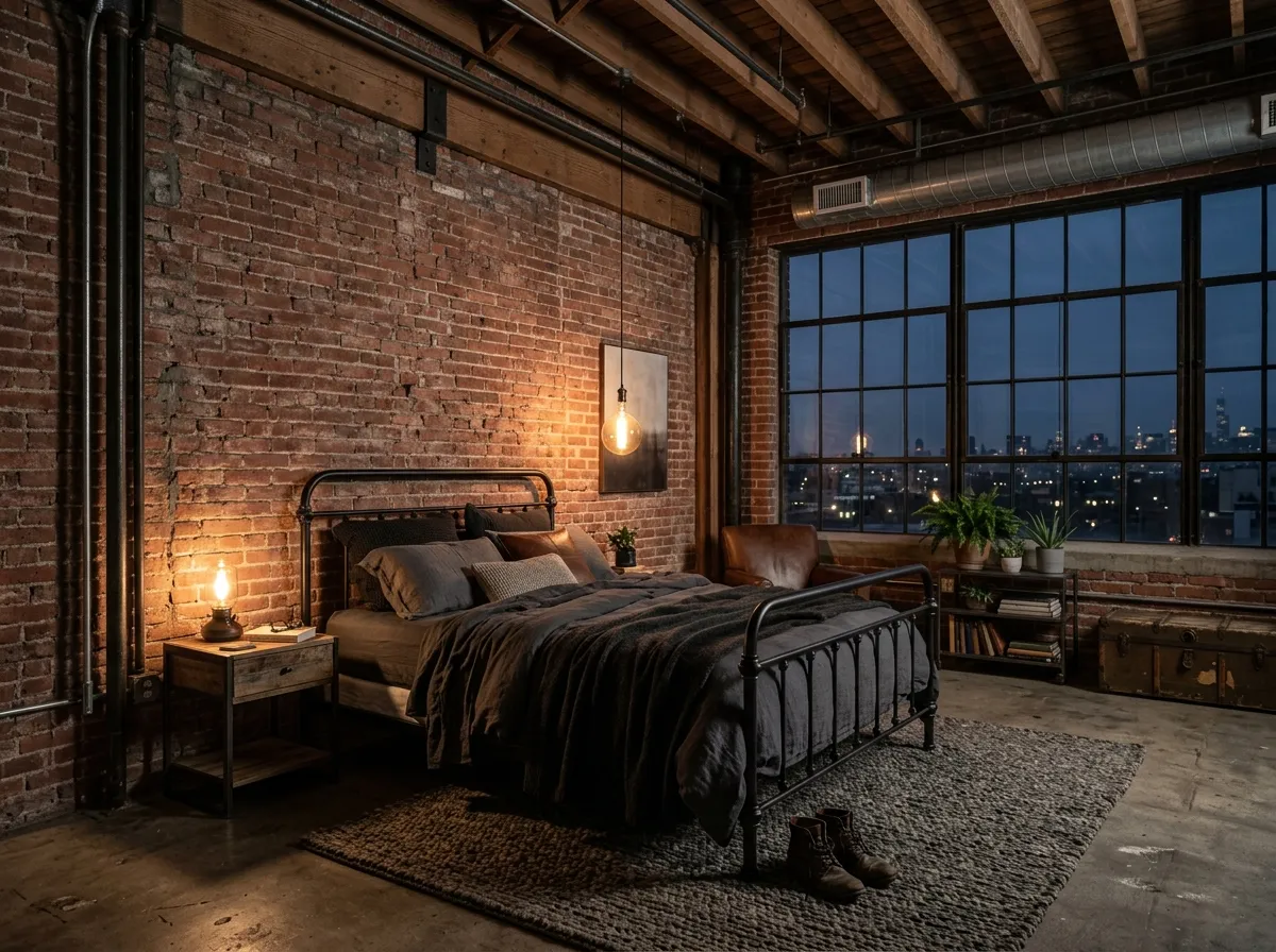 Industrial loft bedroom interior design created by floor plan to interior design AI