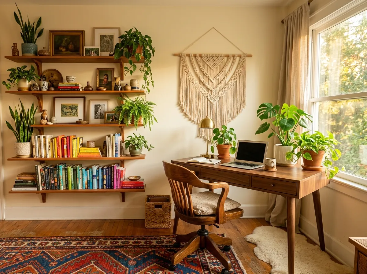 Bohemian home office interior design created from a floor plan using AI