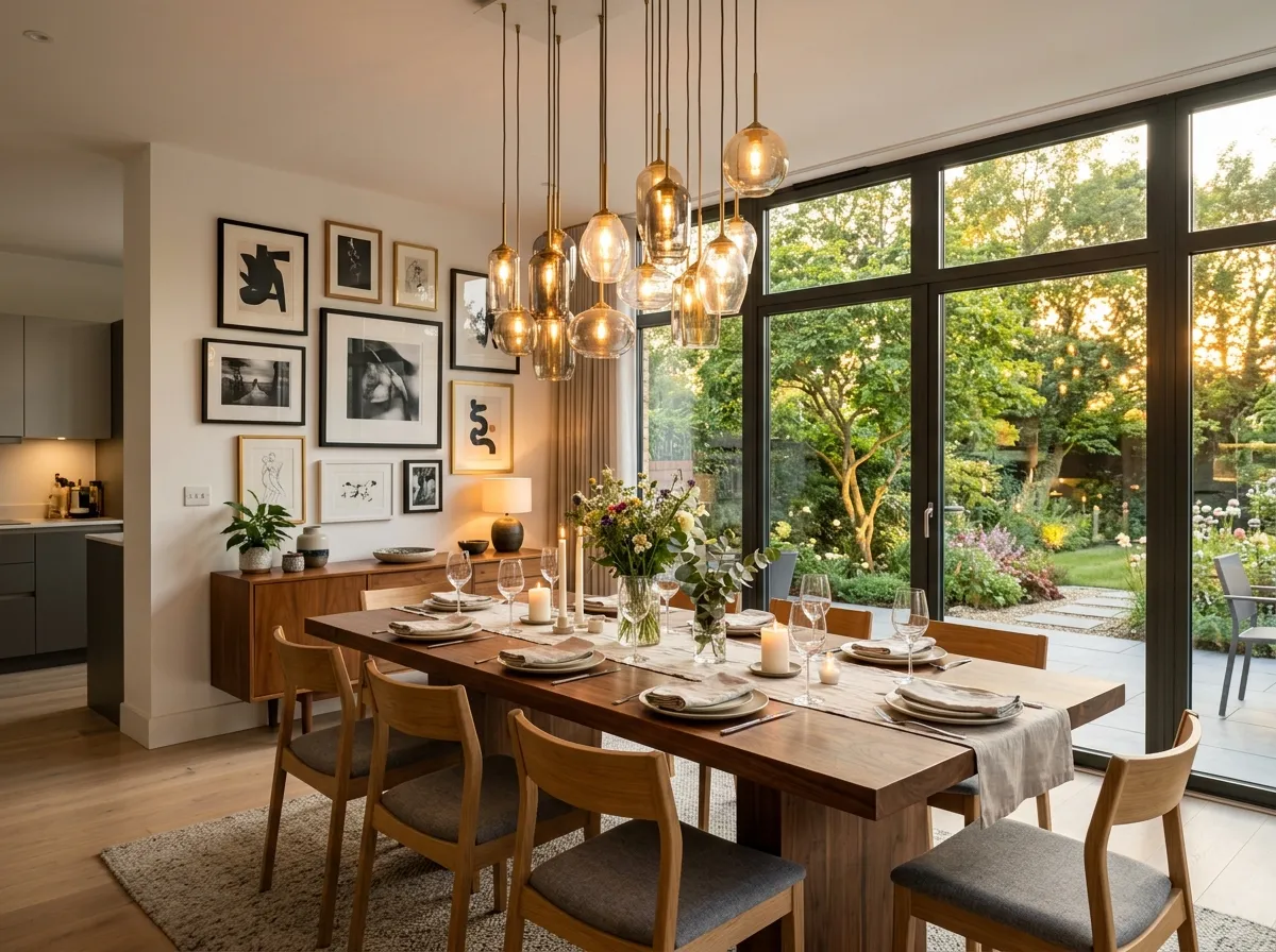 Contemporary dining area interior design generated by AI from an open floor plan layout