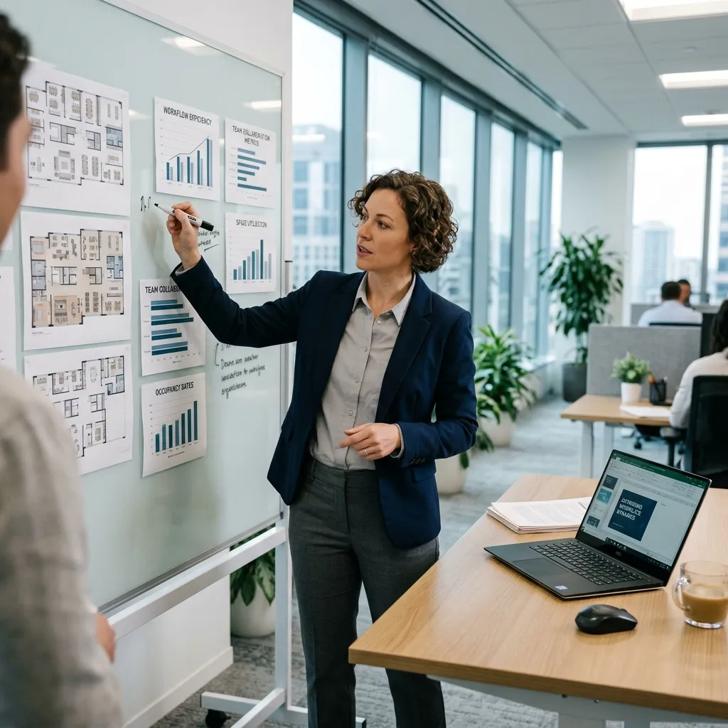 Workplace consultant reviewing AI floor plan optimization reports with efficiency metrics on screen
