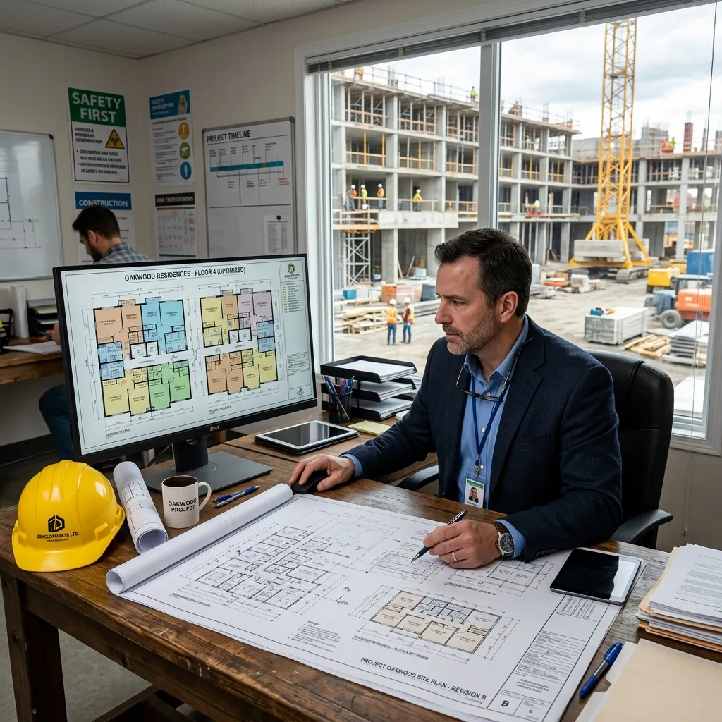 Property developer reviewing optimized floor plans for a new residential building project