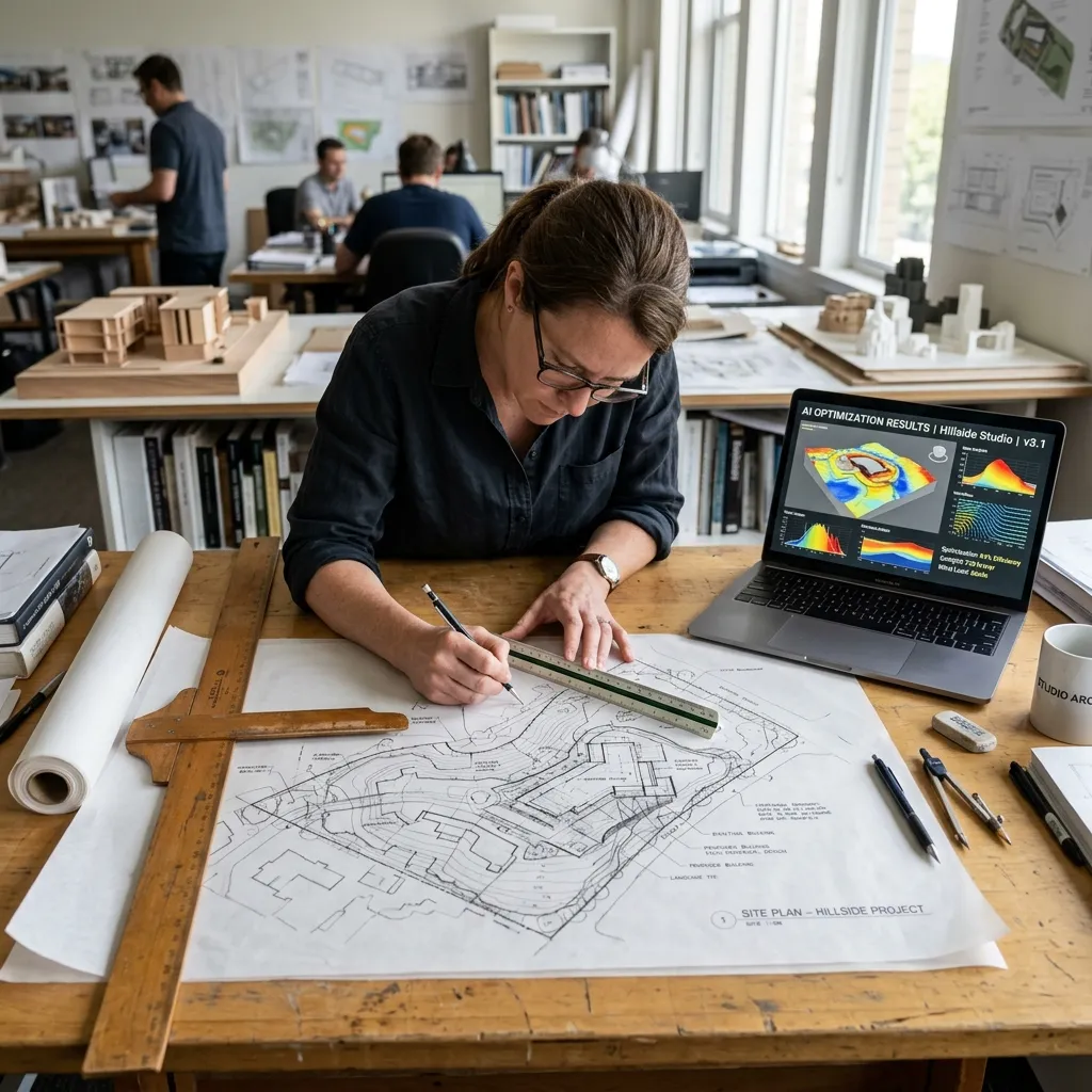 Architect working on an irregular-shaped building plan with AI optimization suggestions on screen