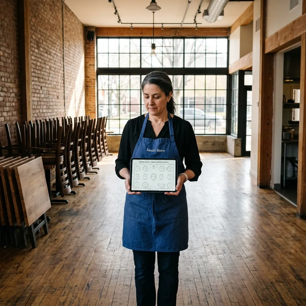 Restaurant owner reviewing AI-optimized seating layouts with capacity numbers on a tablet