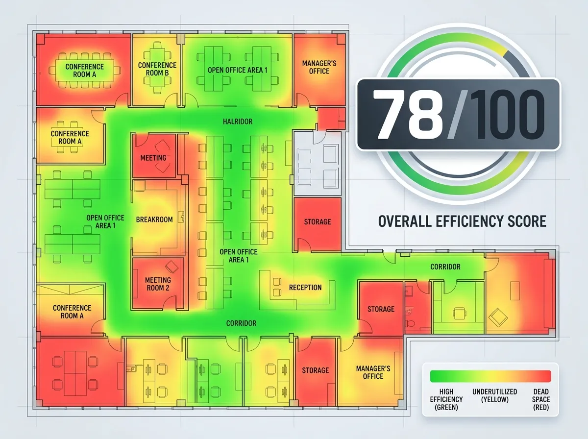 Floor plan with color-coded space utilization heatmap showing efficient and wasted areas