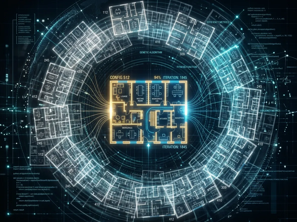 Visualization of AI testing multiple floor plan configurations to find the optimal layout