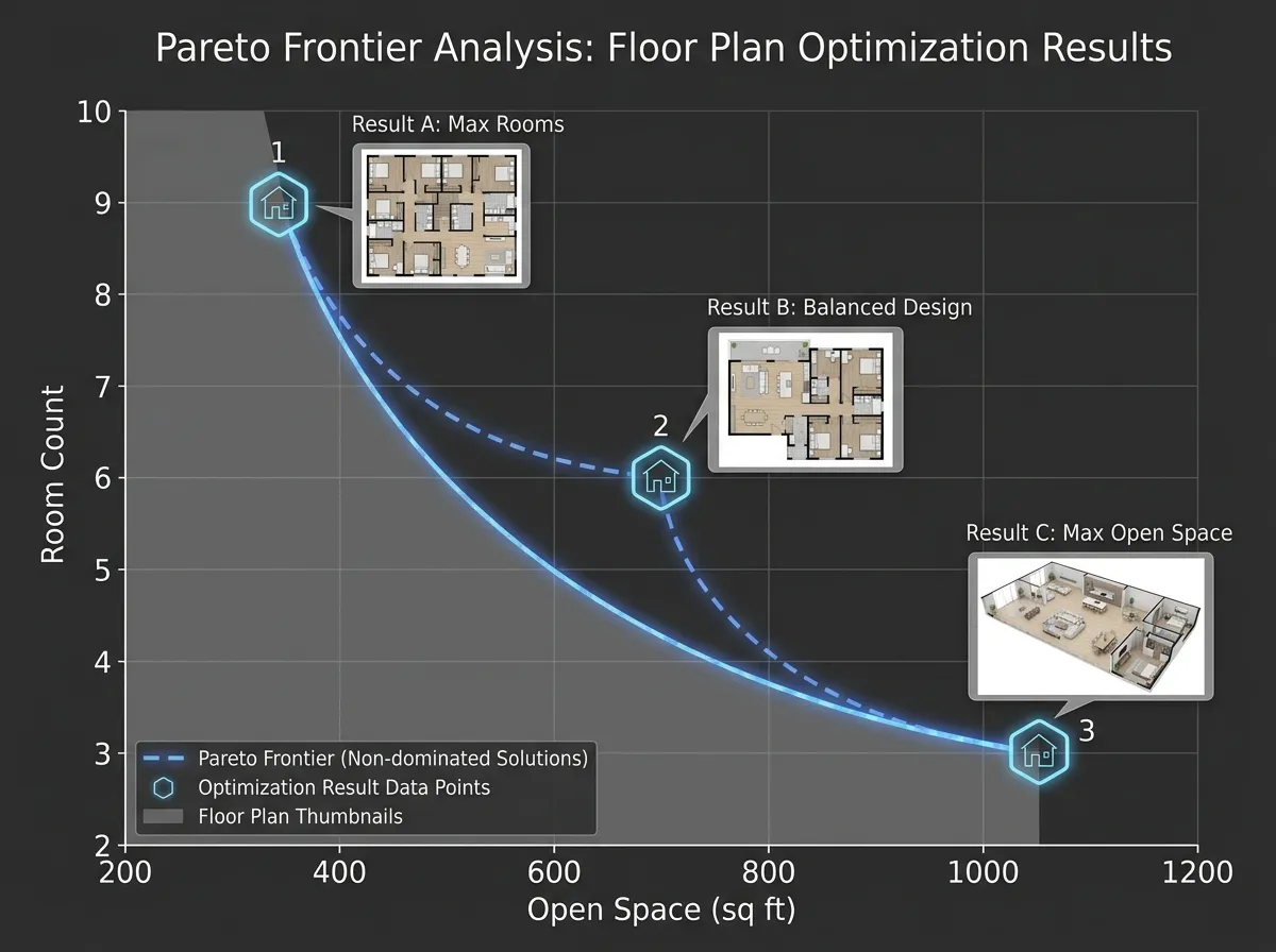Multi-objective optimization interface showing balanced trade-offs between space and room count