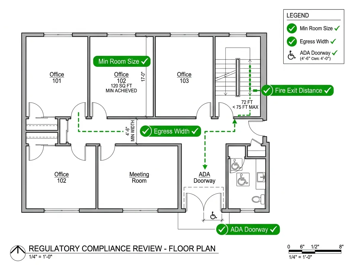 Floor plan with building code compliance checkmarks for room size, egress, and accessibility