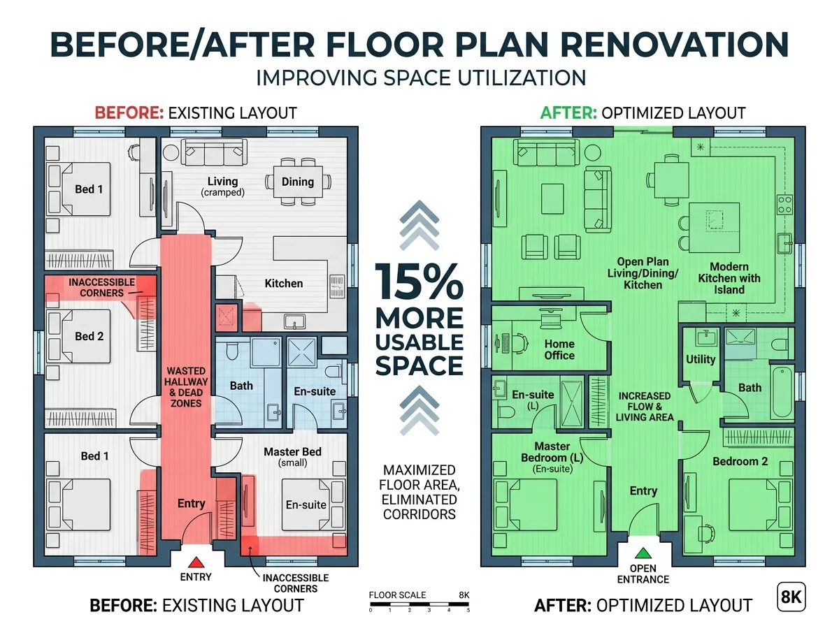 AI floor plan optimizer result showing 15% more usable space in a one-bedroom apartment