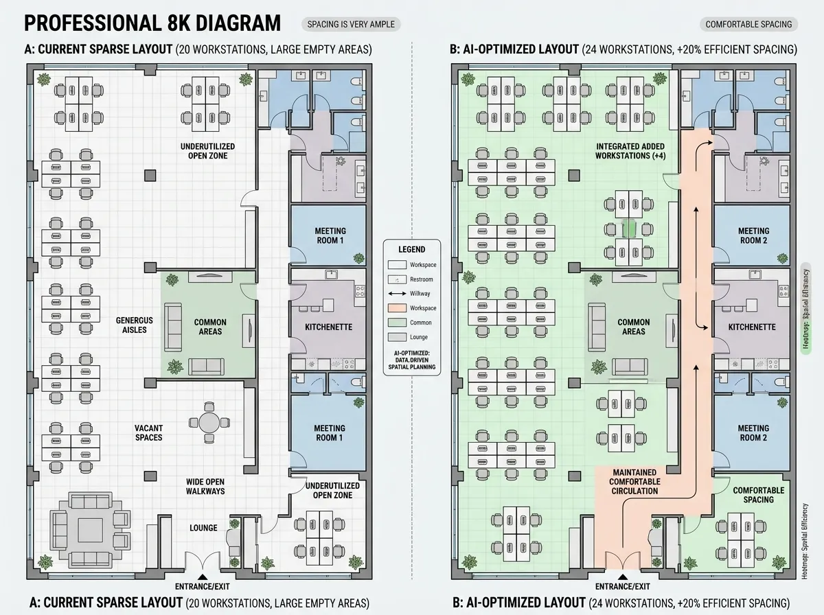 AI-optimized office floor plan with increased desk density and maintained comfort standards