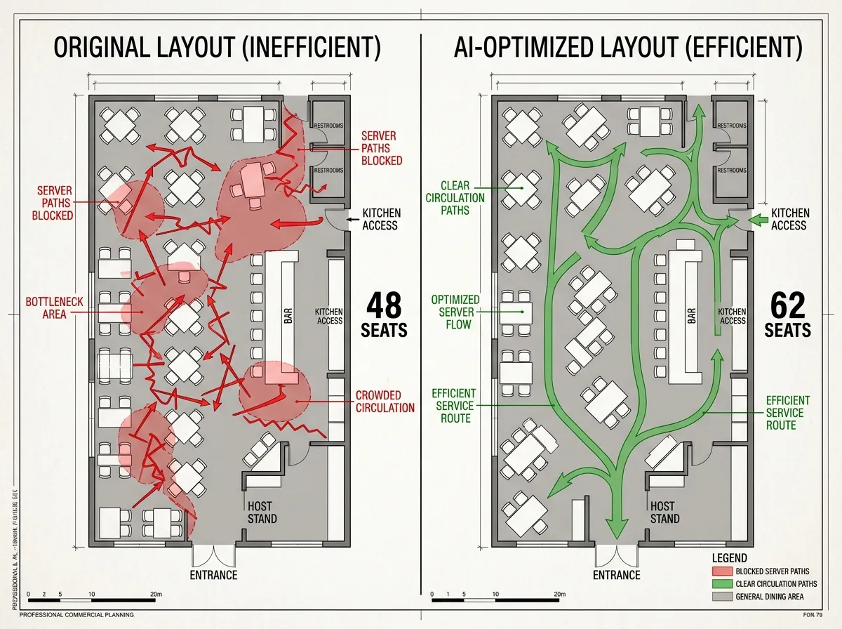 AI floor plan optimizer increasing restaurant seating from 48 to 62 seats