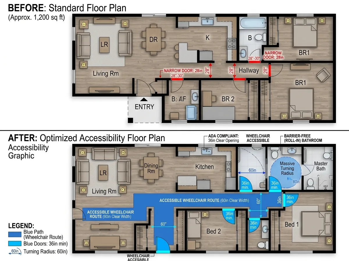 AI-optimized floor plan with wheelchair accessibility paths and wider doorways highlighted