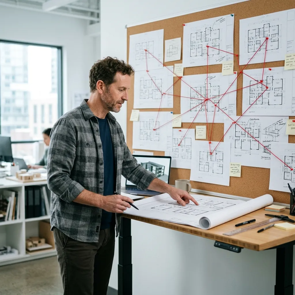 Architekt vergleicht mehrere KI-generierte Layout-Alternativen, die an einer Pinnwand in einem Studio hängen