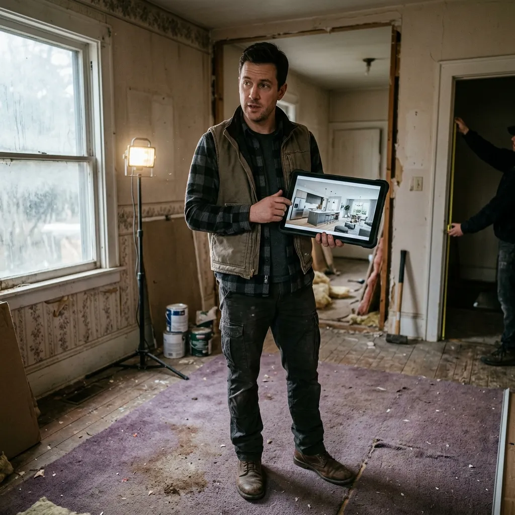 Immobilieninvestor prüft auf einem Tablet Optionen zur Grundriss-Neugestaltung für einen Immobilien-Flip