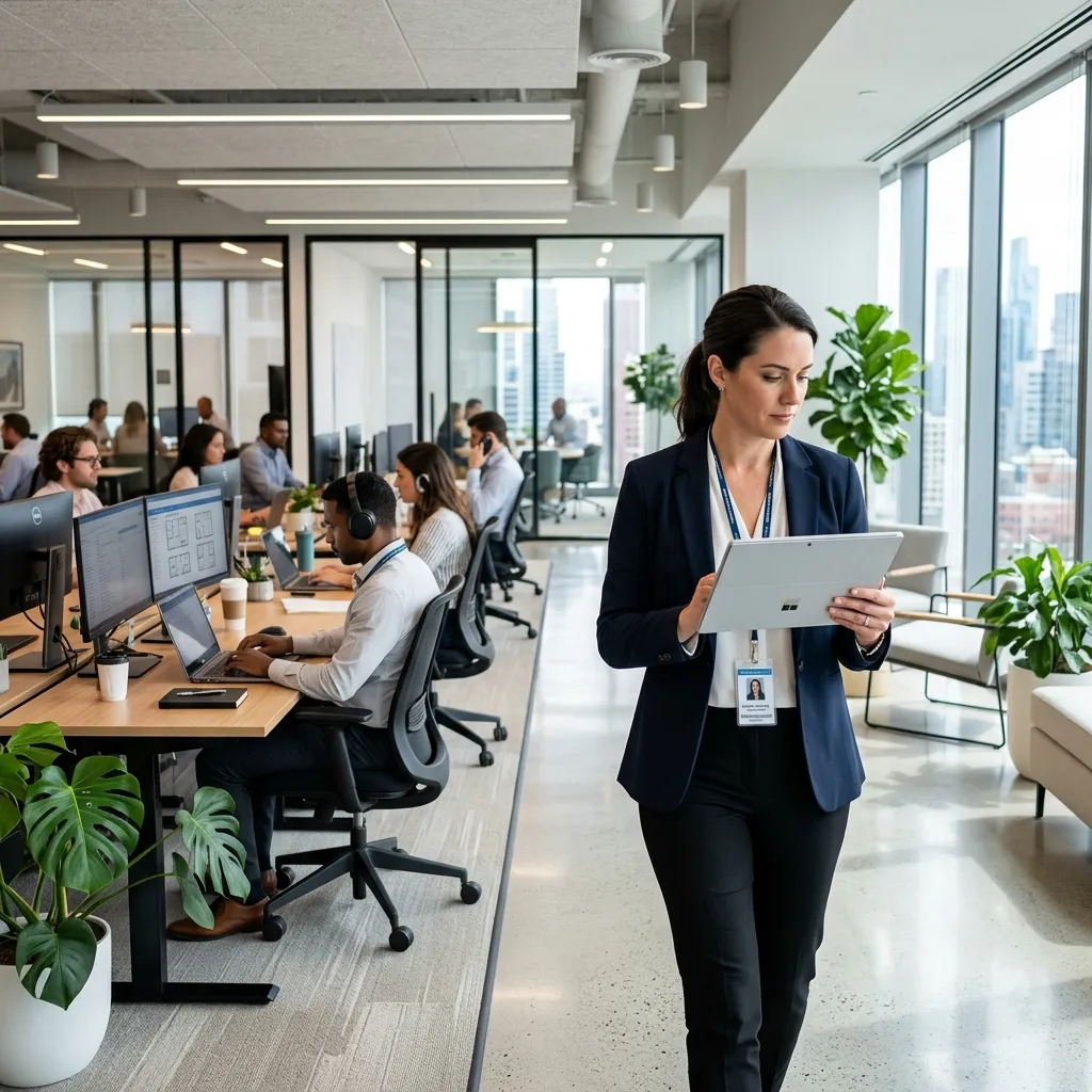 Office-Manager prüft auf einem Monitor KI-generierte Optionen zur Neugestaltung des Arbeitsplatzlayouts