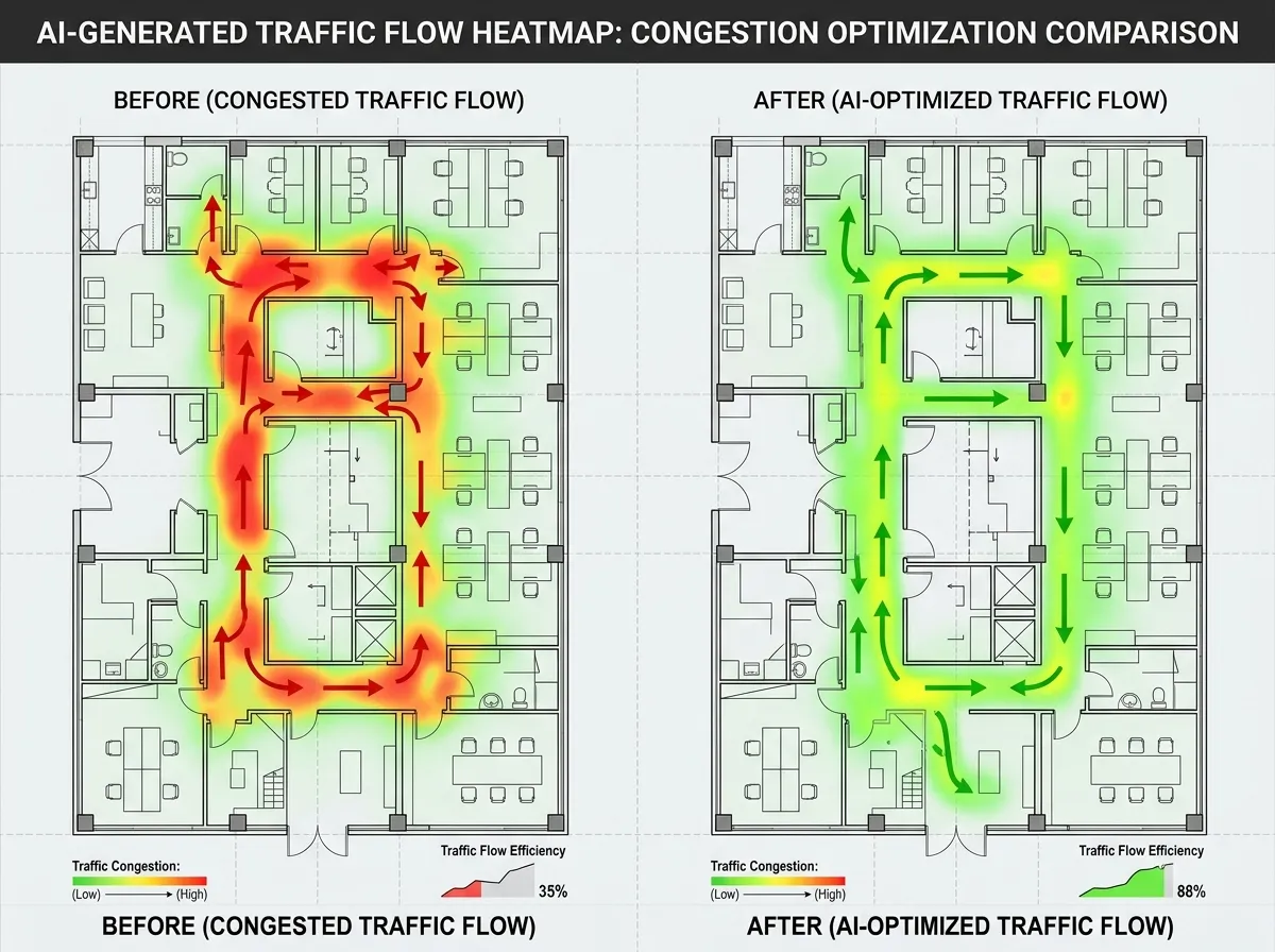 Grundriss mit KI-generierter Verkehrsfluss-Heatmap, die optimierte Zirkulationswege zeigt