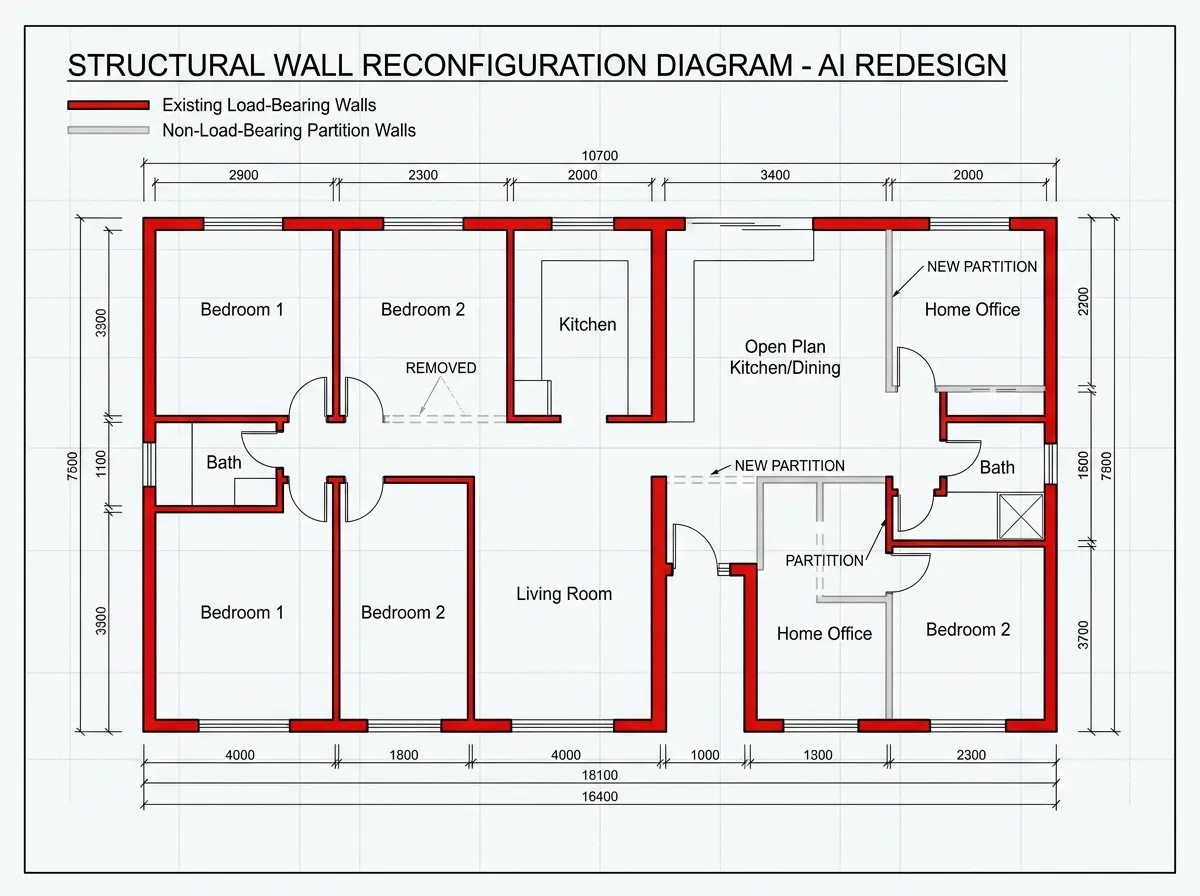 Grundriss-Neugestaltung, bei der tragende Wände im neuen Layout hervorgehoben und respektiert werden