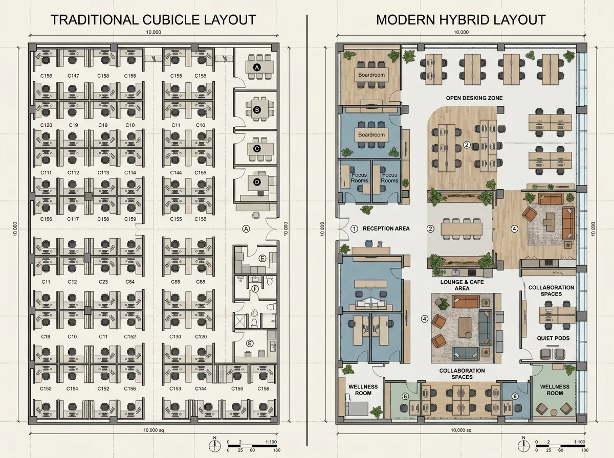 Vorher-Nachher-Grundriss-Neugestaltung eines Büros von Kabinen zu einem modernen Hybrid-Arbeitsplatz