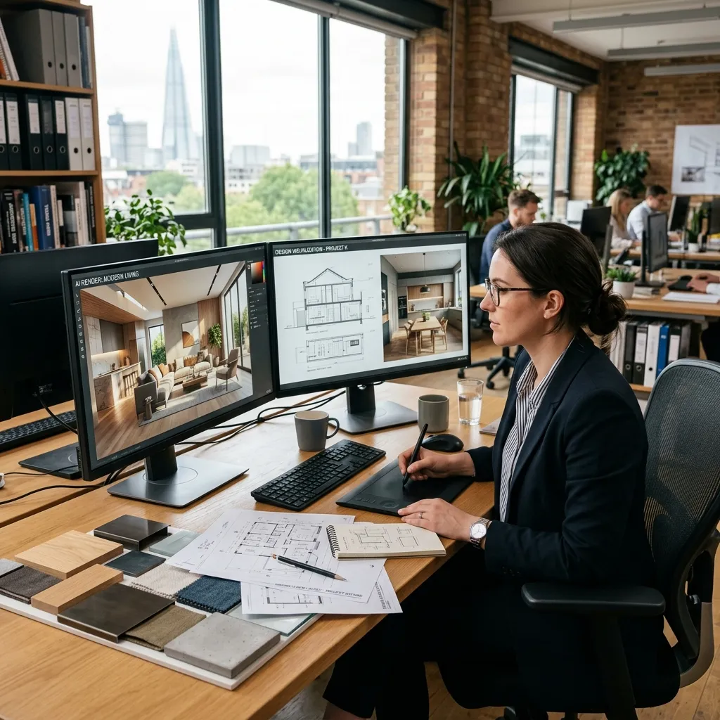 Architetto che esamina visualizzazioni di stanze renderizzate dall'AI su due monitor in uno studio