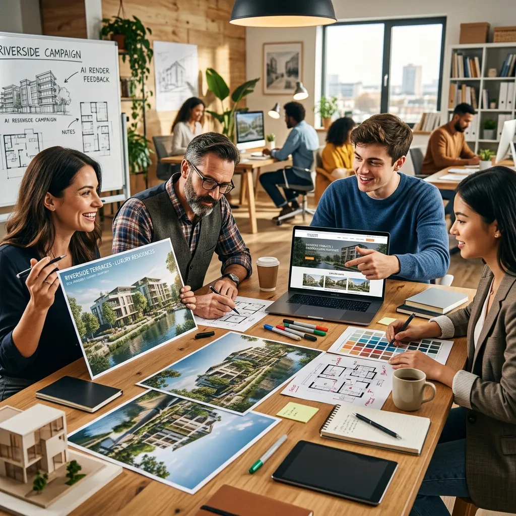 Team di marketing che esamina immagini immobiliari renderizzate dall'AI per il layout di una brochure