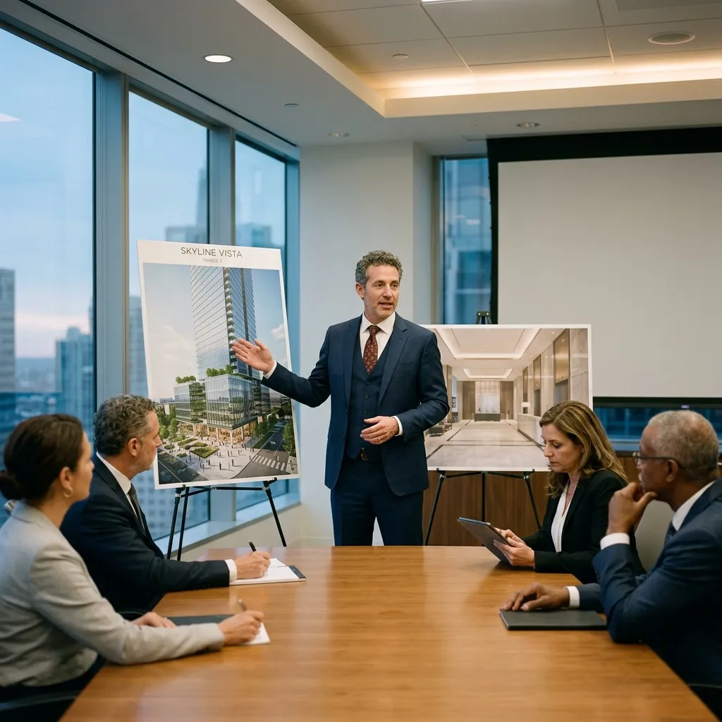Sviluppatore immobiliare che presenta render planimetria AI di un progetto non ancora costruito agli investitori