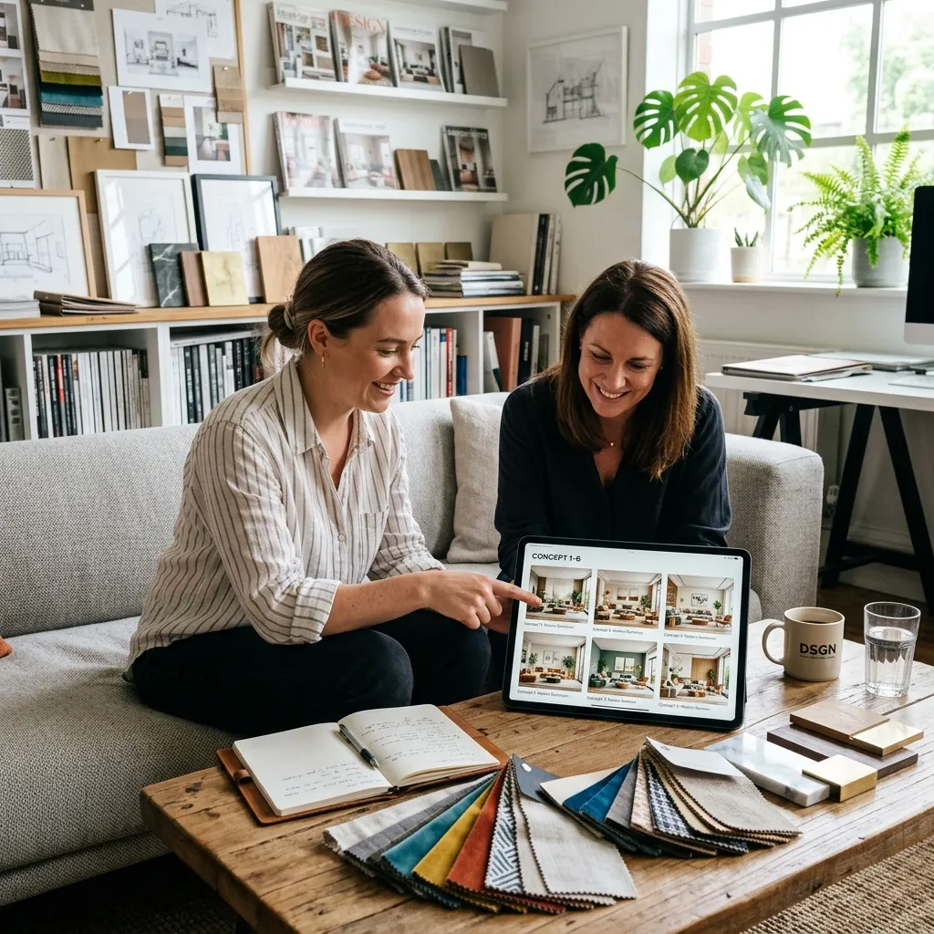 Team di interior design che presenta concept di stanze renderizzati dall'AI a un cliente