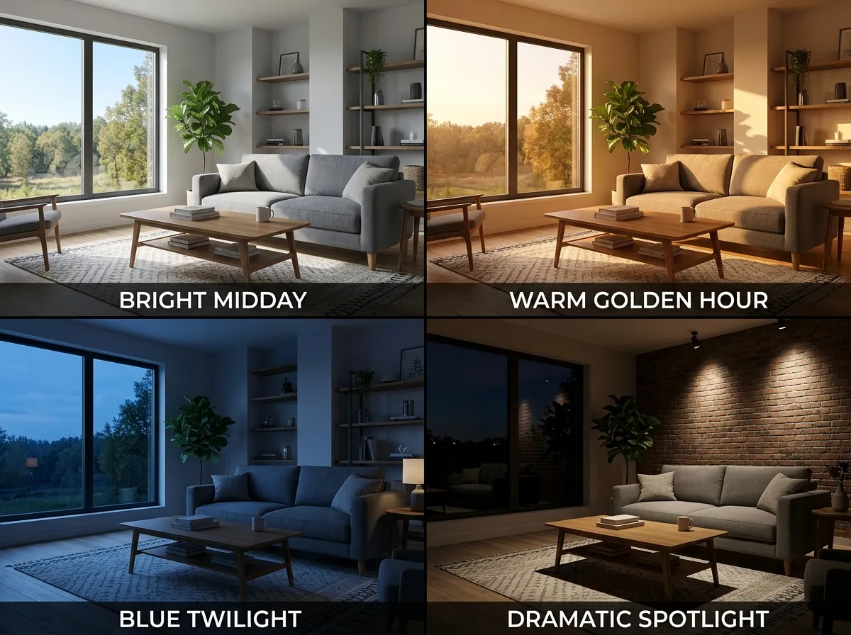 Stessa stanza mostrata in quattro diverse condizioni di luce AI: giorno, ora d'oro, crepuscolo e studio