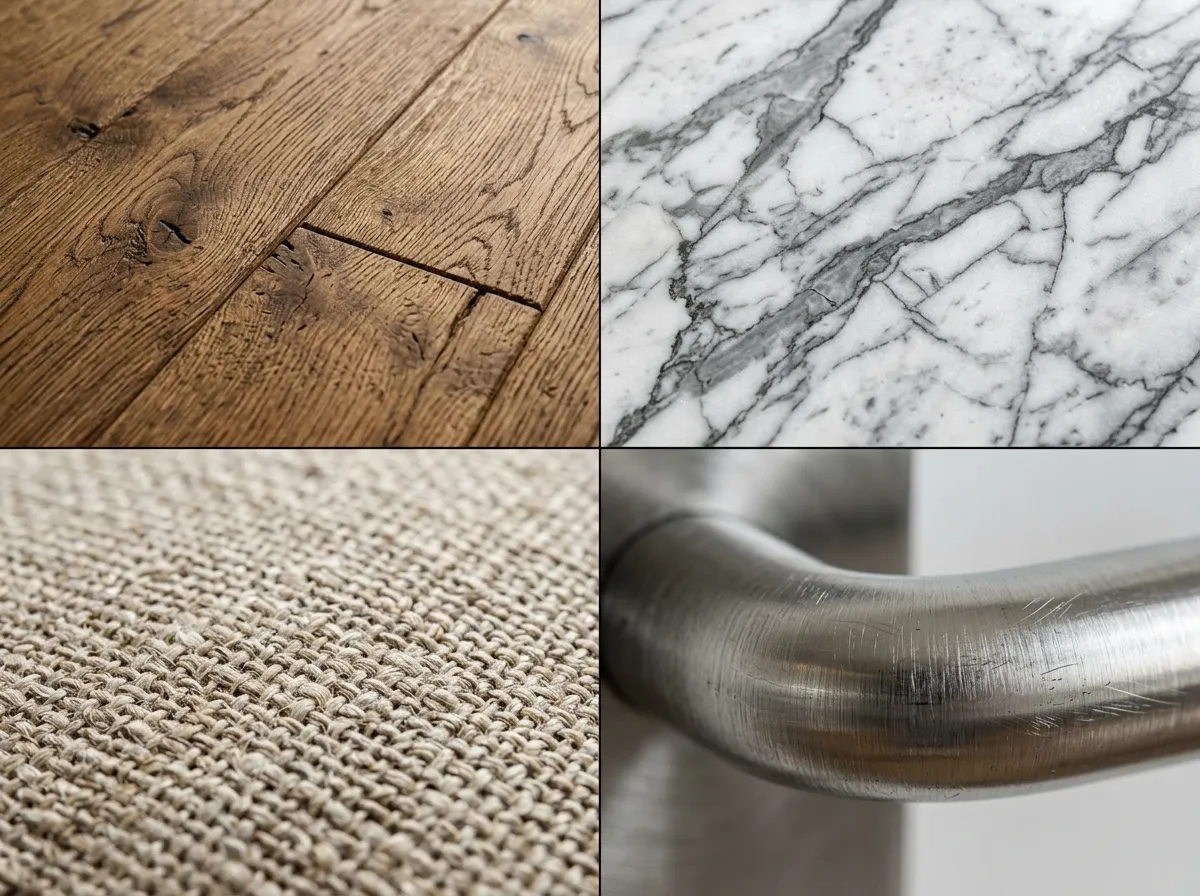Dettaglio ravvicinato di texture fotorealistiche in un render planimetria AI: legno, marmo, tessuto
