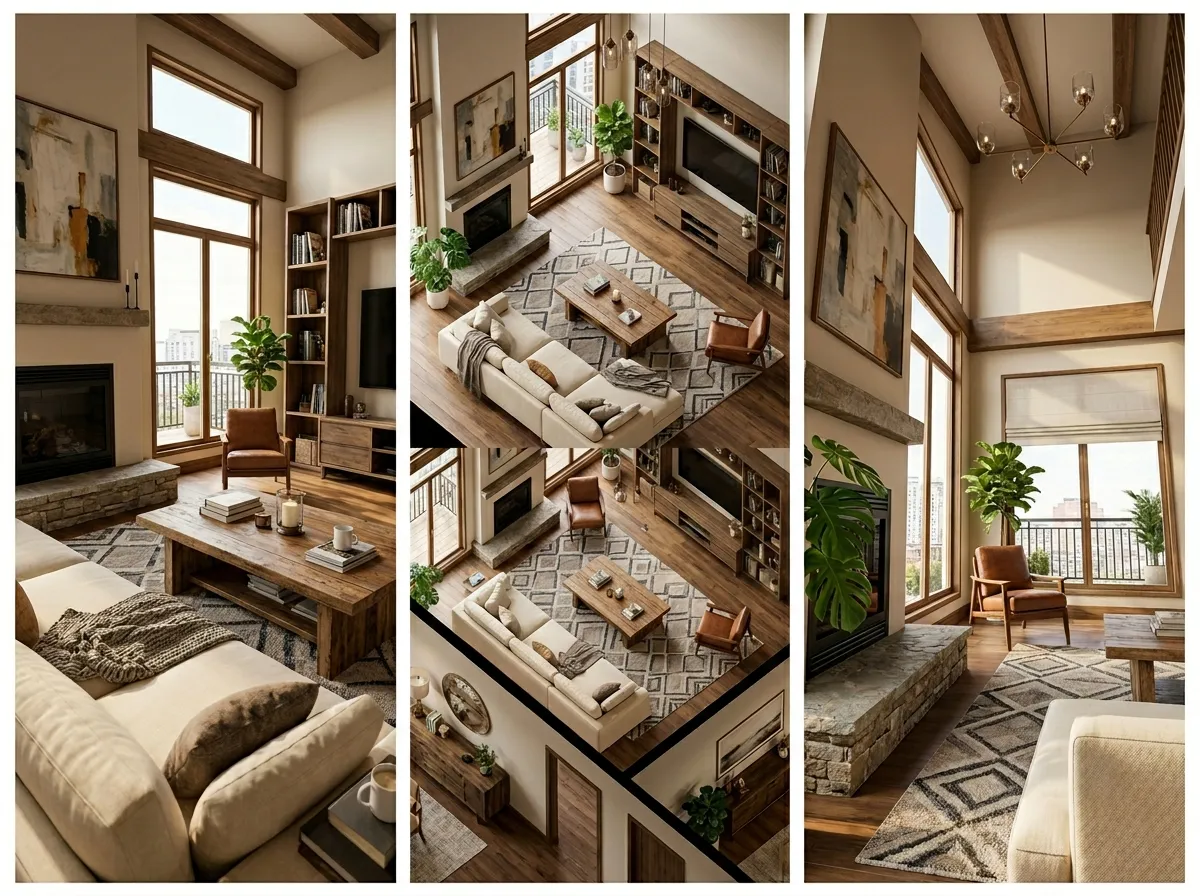 Tre diverse angolazioni della stessa stanza generate tramite render planimetria AI da un unico progetto
