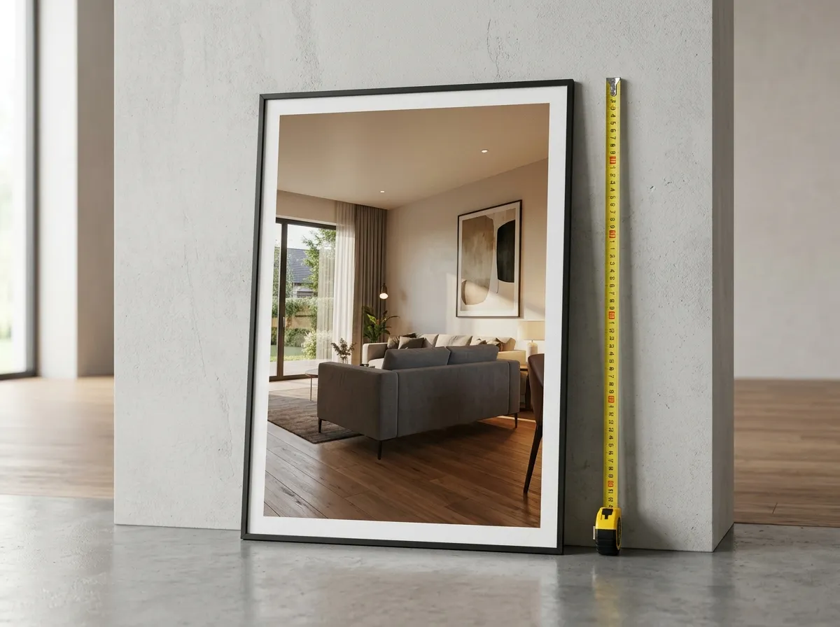 Render planimetria AI ad alta risoluzione esposto come un grande poster stampato in una galleria