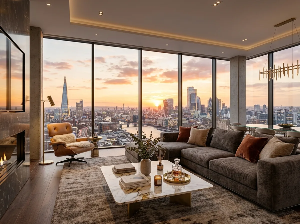 Render planimetria AI fotorealistico di un soggiorno di lusso in un attico con vista città