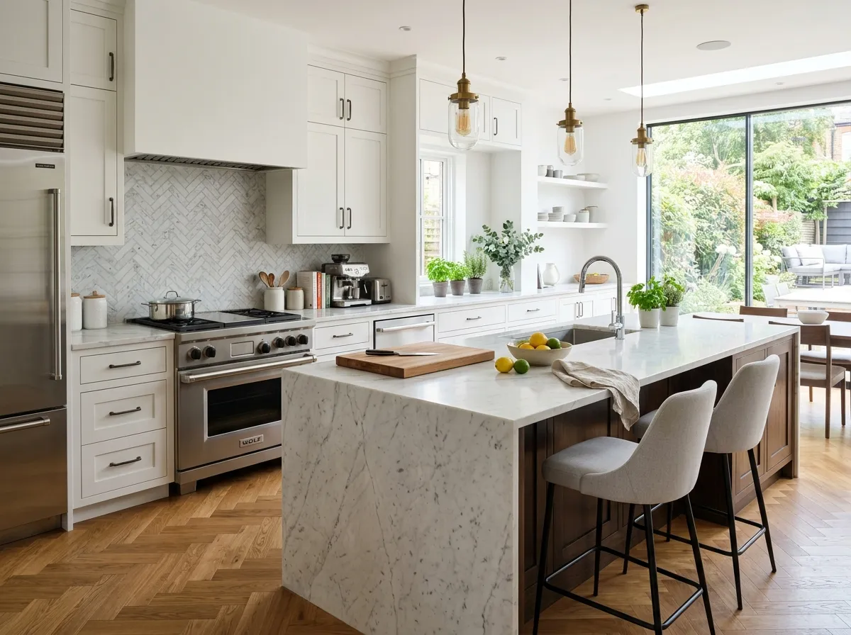 Visualizzazione di cucina moderna con marmo e acciaio generata tramite render planimetria AI