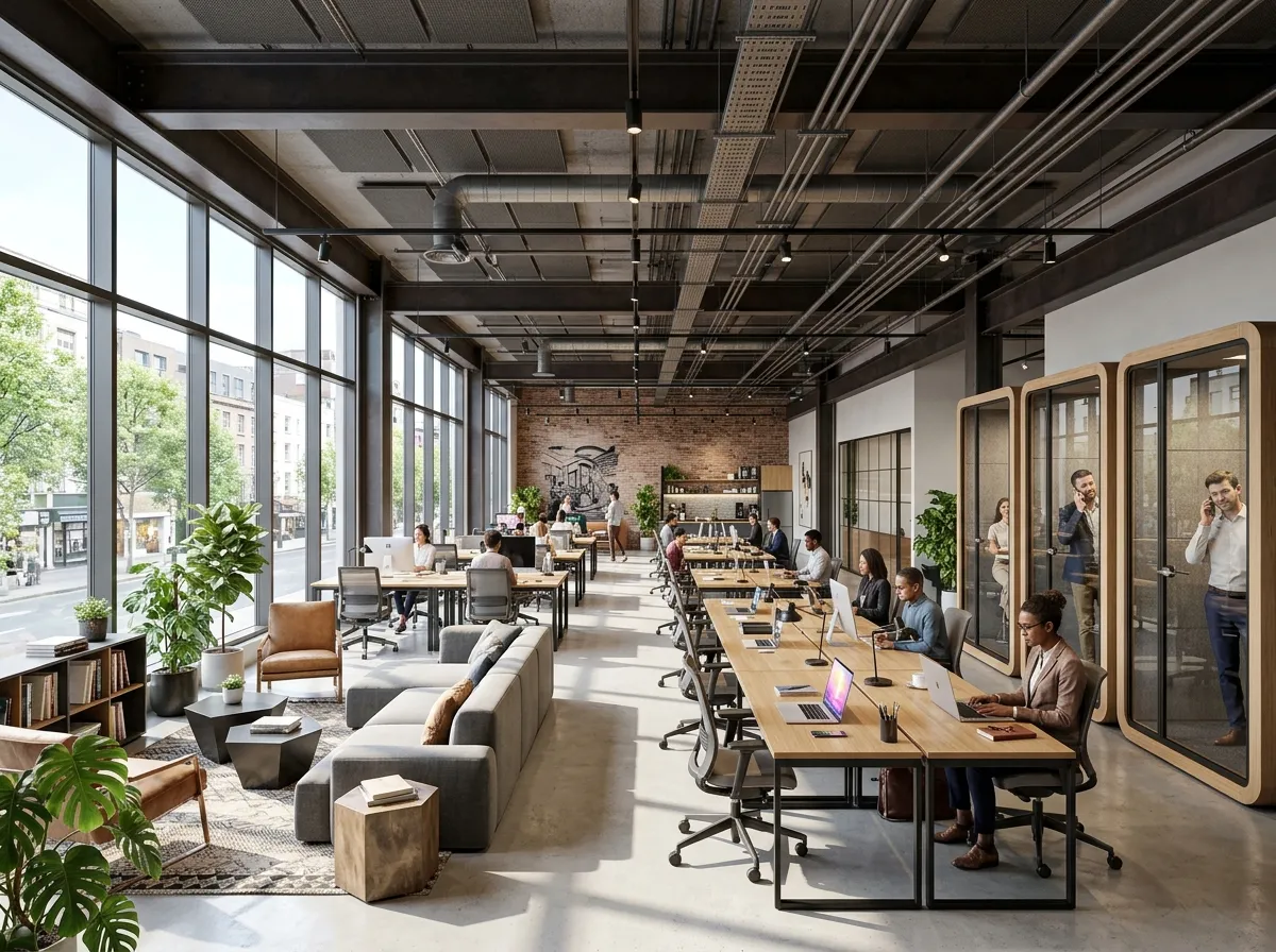 Render fotorealistico di uno spazio co-working generato da una planimetria tramite AI