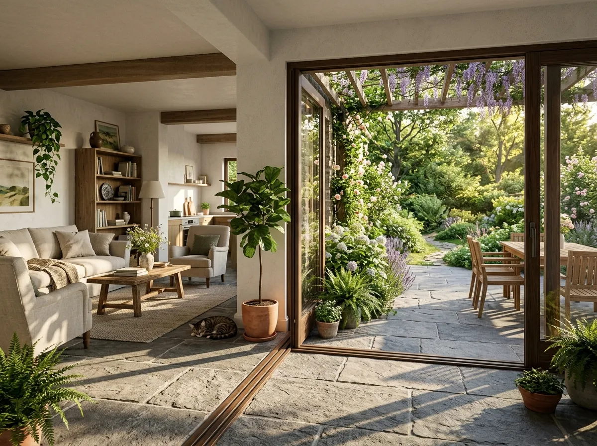 Interno al piano terra renderizzato dall'AI con vista su terrazza e giardino da una planimetria