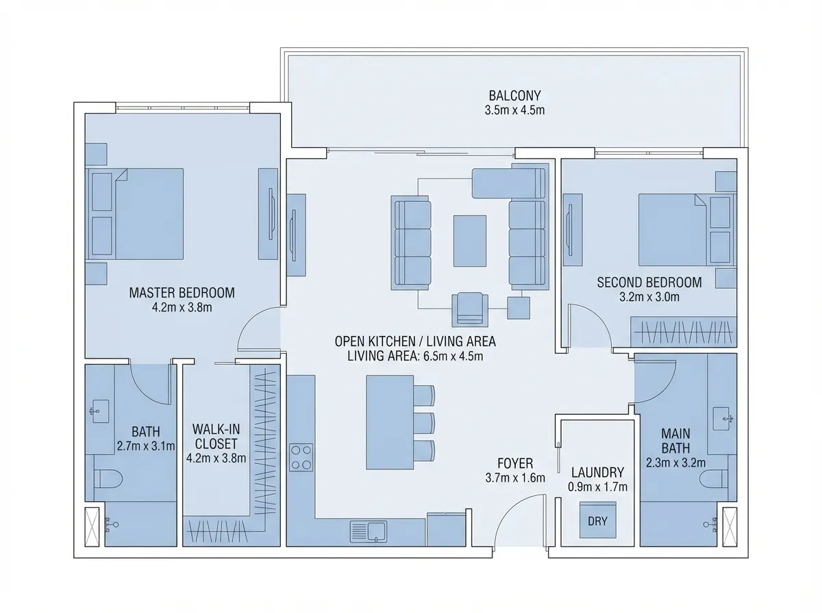 AI-generated open-concept apartment floor plan with two bedrooms and modern layout