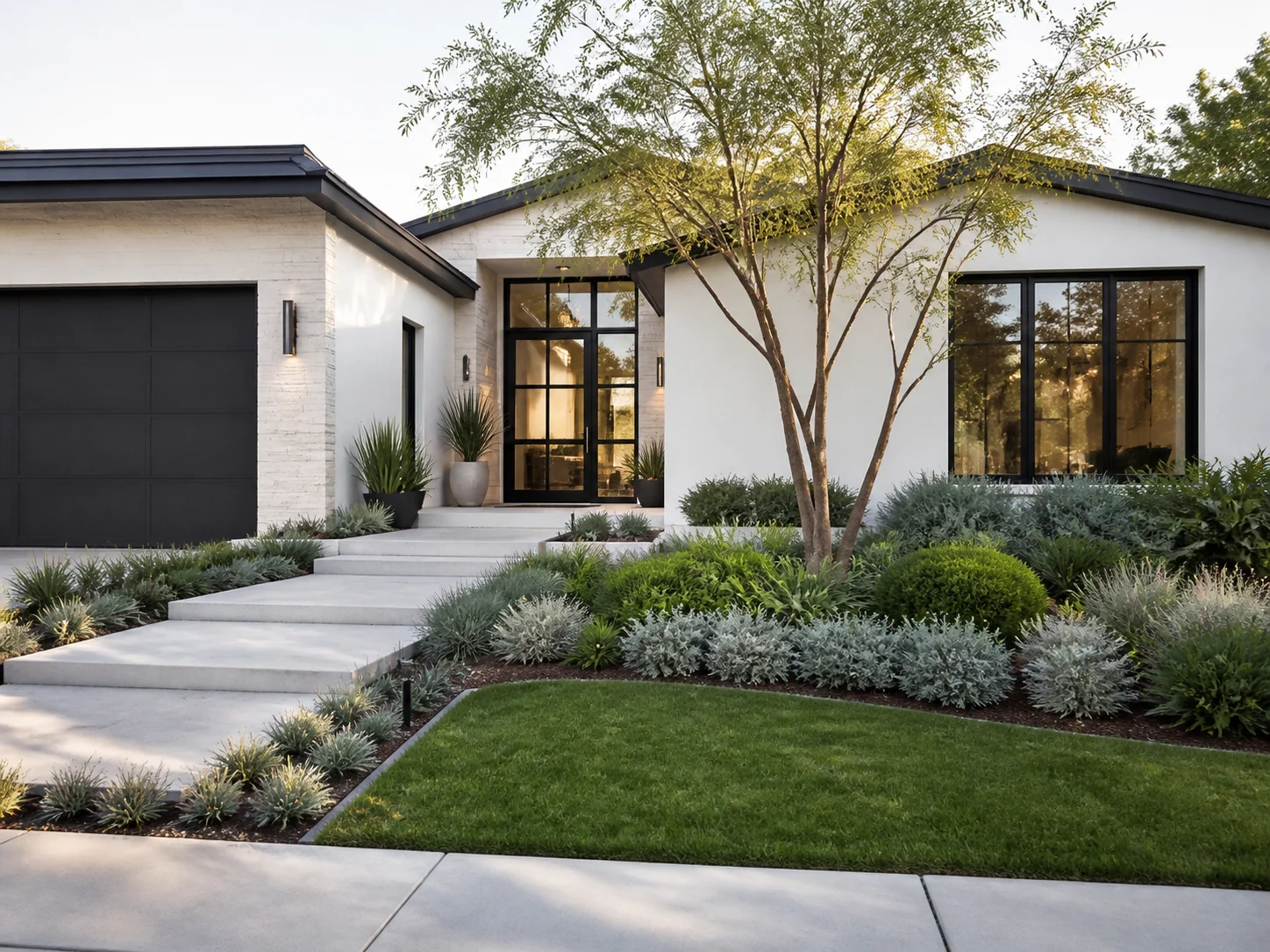 Modern front yard with clean lawn edges and sculptural planting
