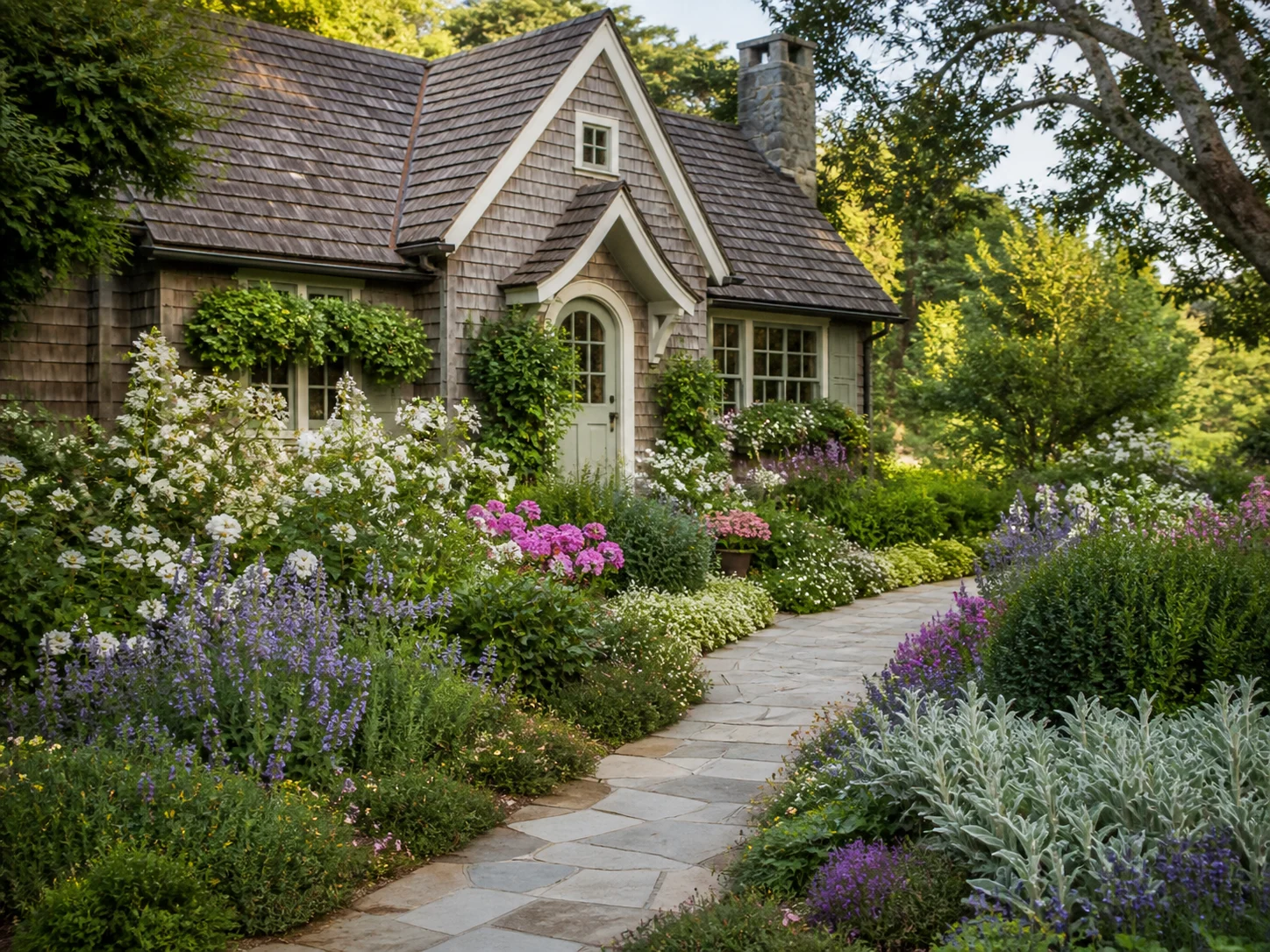 Cottage front yard with layered flower beds