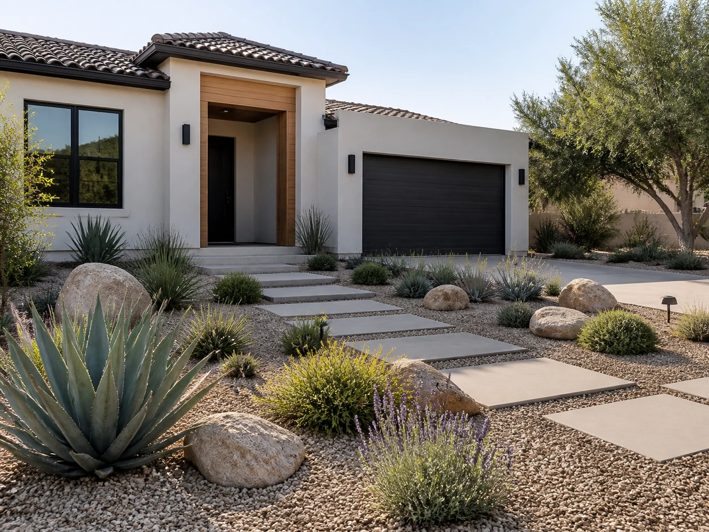 Xeriscape front yard with drought-tolerant planting